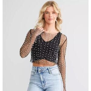 Buckle Endless Blue 90s Y2K Sheer Bedazzled Black Crop Top - Size Medium